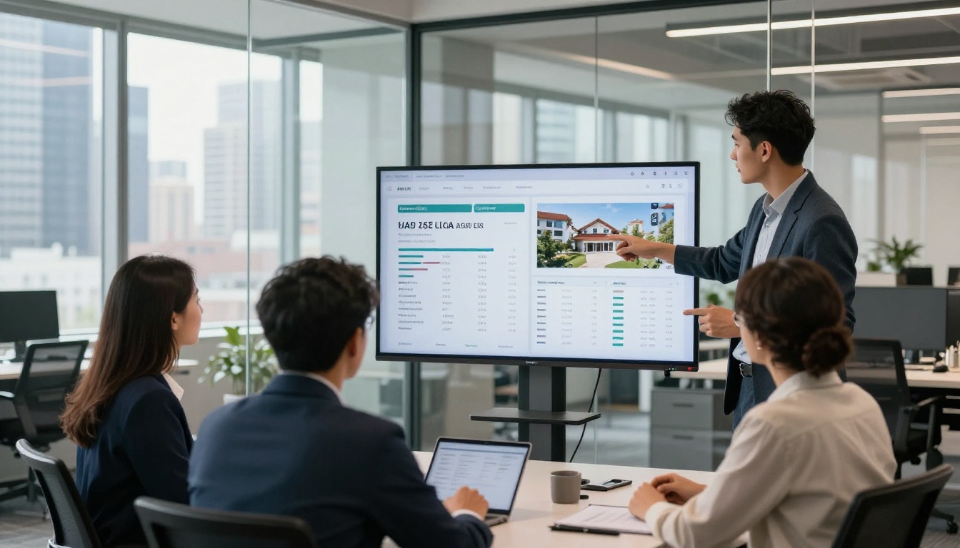 Diverse real estate team in a modern office reviewing analytics and a digital flipbook presentation on a large wall monitor Diverse real estate team in a modern office reviewing analytics and a digital flipbook presentation on a large wall monitor
