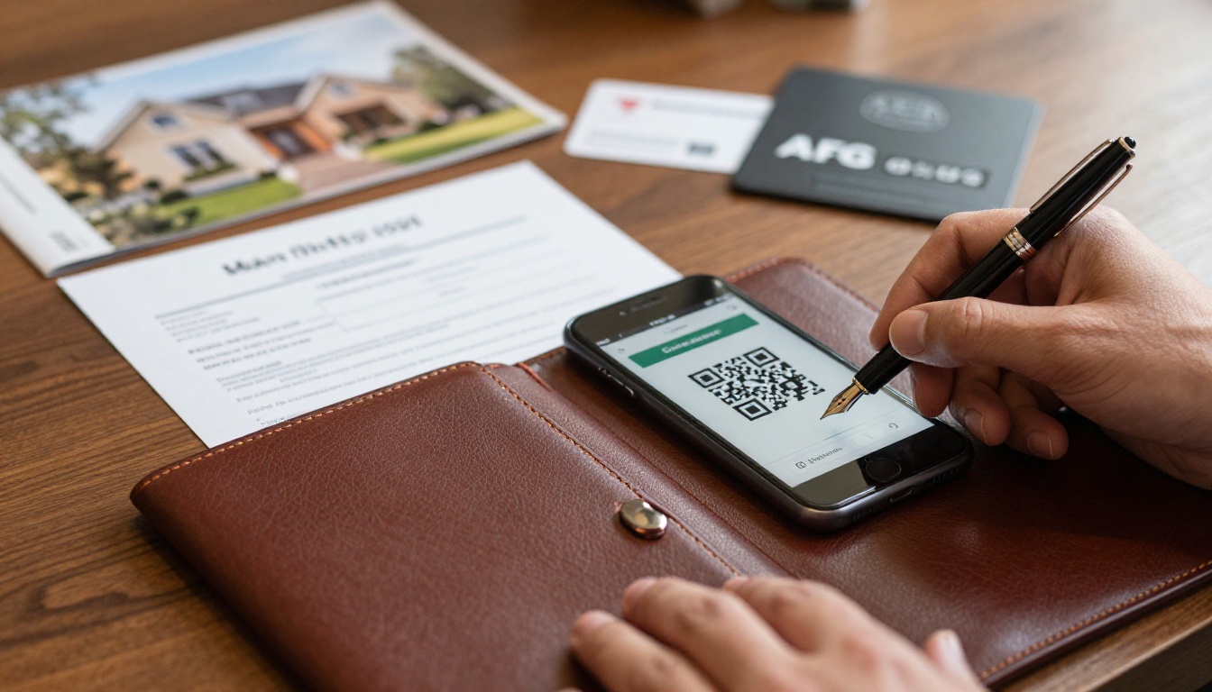 Close-up of a real estate agent's desk with a leather portfolio, fountain pen, smartphone showing a QR code for a digital flipbook, and a business card Close-up of a real estate agent's desk with a leather portfolio, fountain pen, smartphone showing a QR code for a digital flipbook, and a business card