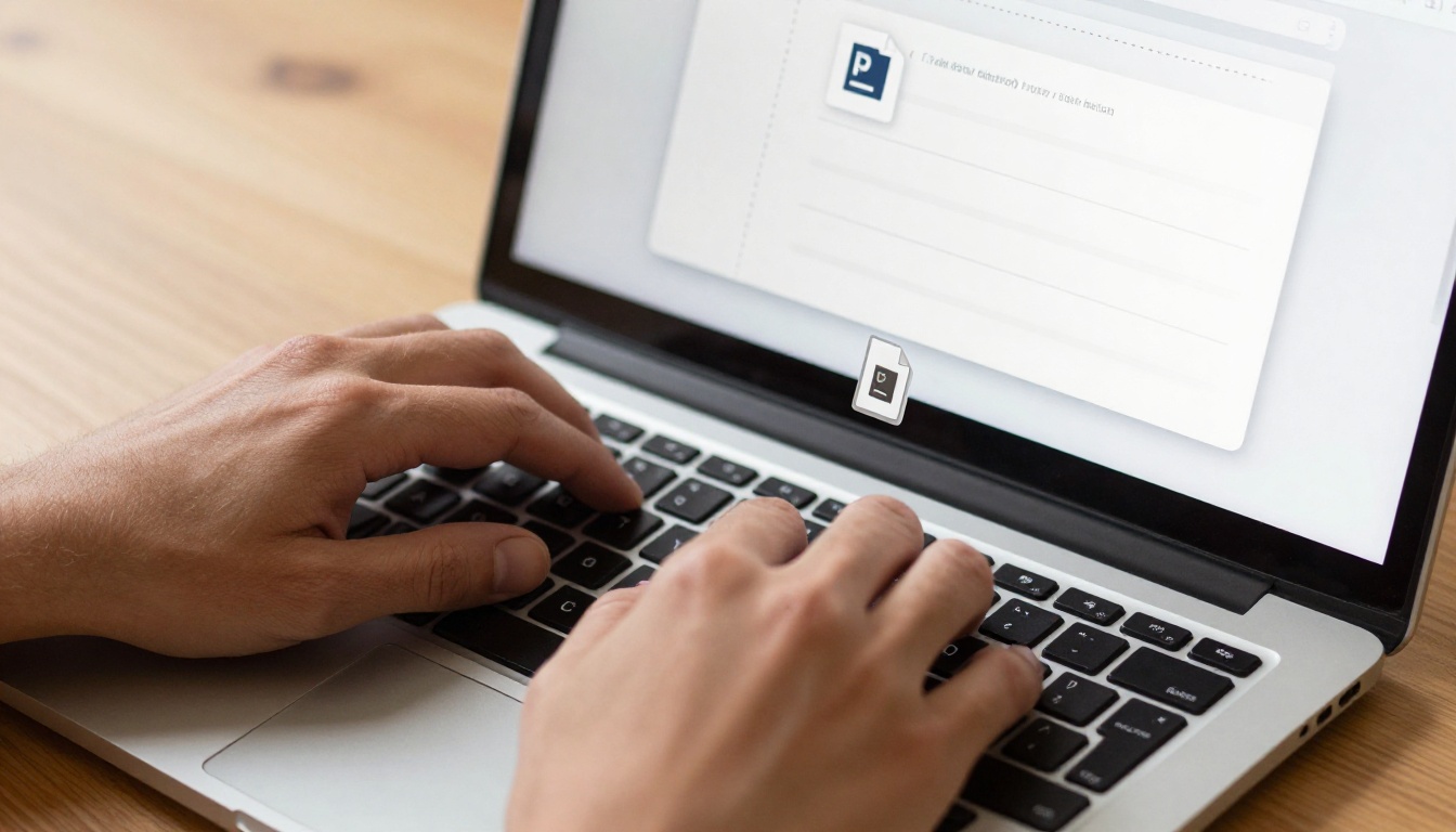 Hands dragging and dropping a logo PNG file onto a flipbook upload interface on a laptop with an oak wood desk surface