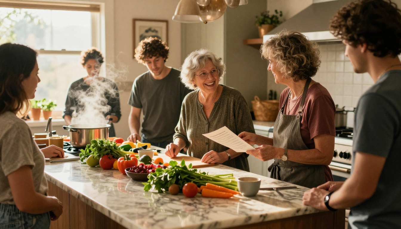 Intimate home cooking class with six participants gathered around a marble kitchen island, warm golden afternoon light