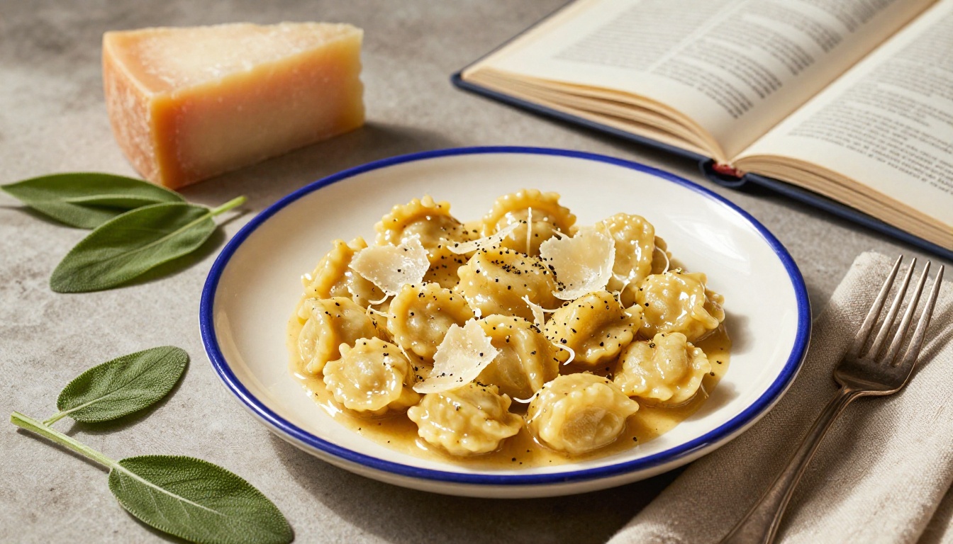 Beautifully plated homemade gnocchi in brown butter sage sauce with a recipe flipbook visible in the background