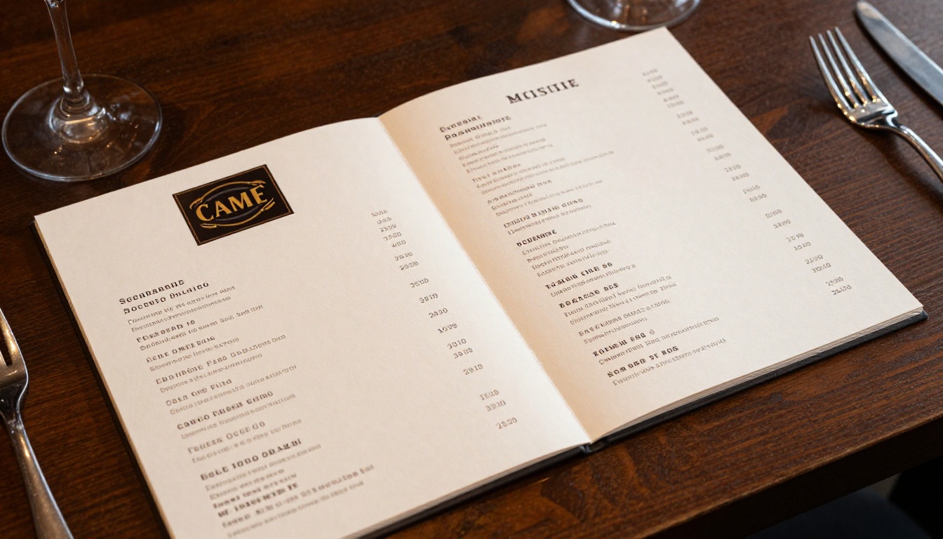 A branded restaurant menu flipbook open on a dark wooden table with wine glass and cutlery visible at the edges A branded restaurant menu flipbook open on a dark wooden table with wine glass and cutlery visible at the edges