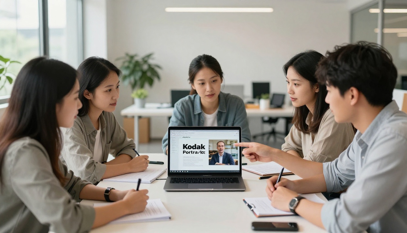 A marketing team of three people gathered around a laptop showing a branded flipbook in a bright open-plan office A marketing team of three people gathered around a laptop showing a branded flipbook in a bright open-plan office