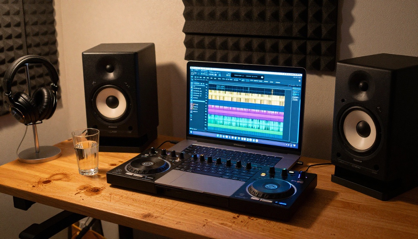 DJ home studio setup with laptop and Pioneer controller