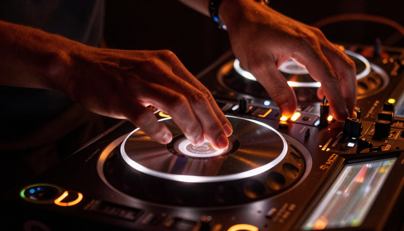 Close-up of DJ hands on CDJ jog wheels
