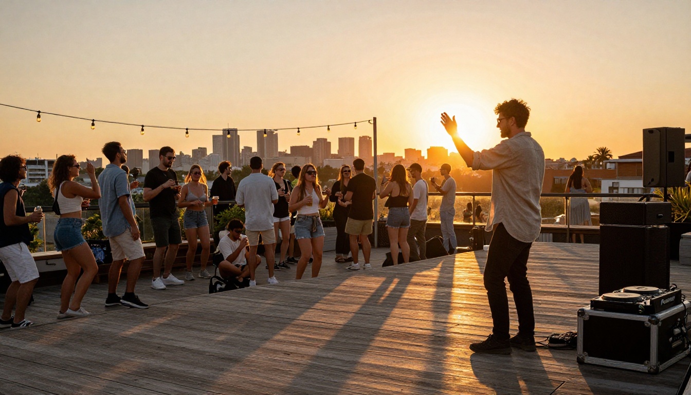 DJ performing at rooftop golden hour event