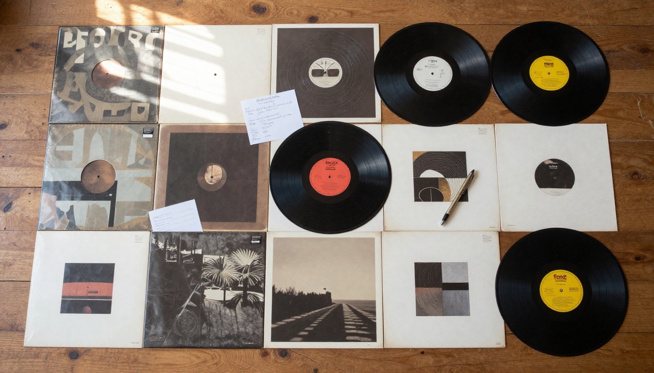 Vinyl records flat lay on wooden table