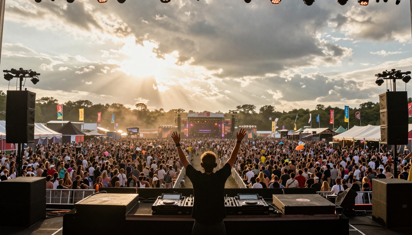 DJ at outdoor music festival with crowd DJ at outdoor music festival with crowd