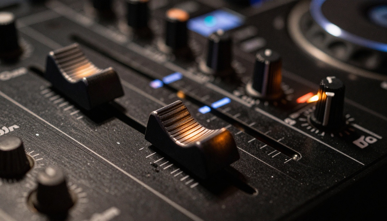 Close-up of DJ mixer faders and knobs Close-up of DJ mixer faders and knobs