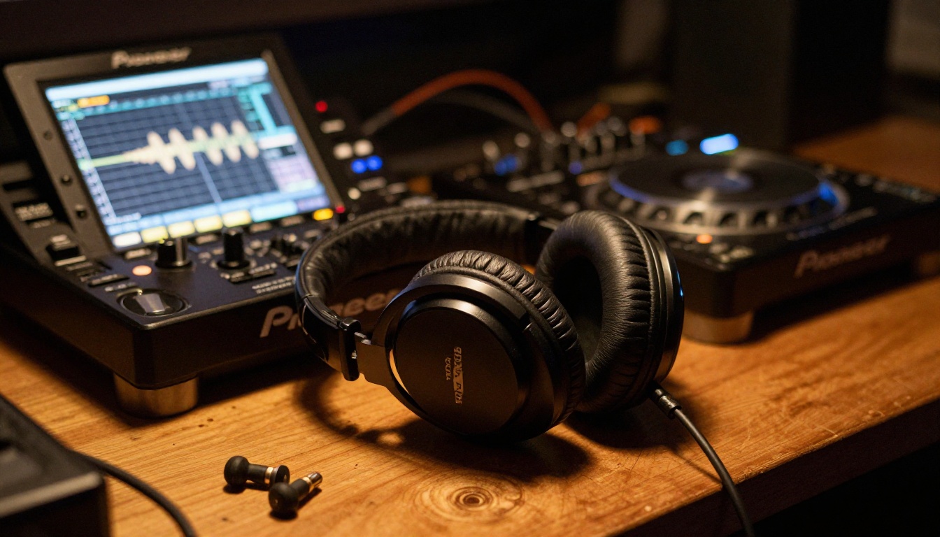 DJ headphones resting on CDJ booth DJ headphones resting on CDJ booth