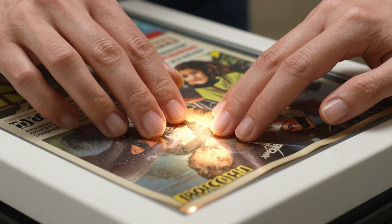 Hands placing a vintage magazine onto a flatbed scanner in a warm sunlit home studio