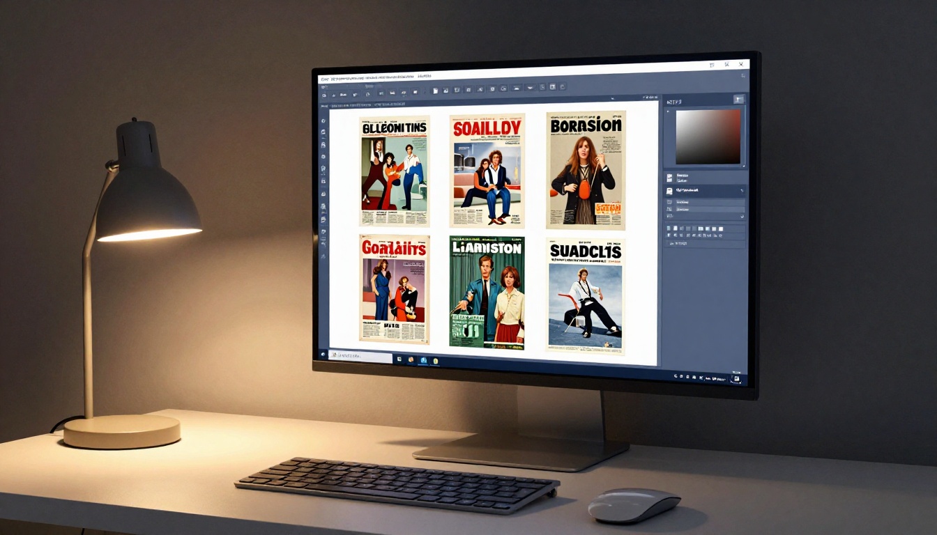 Large monitor displaying PDF editor software with four scanned vintage magazine pages