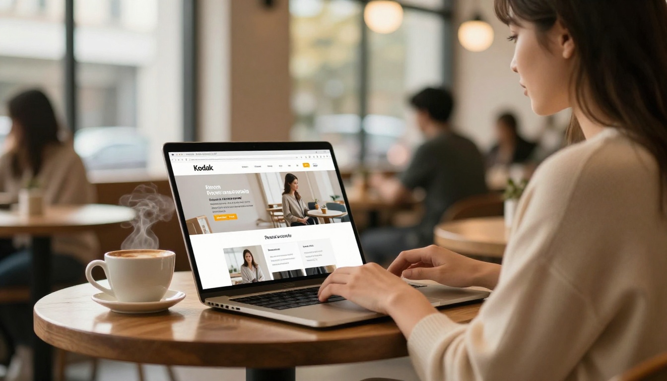 Professional woman working on her personal brand at a modern coffee shop