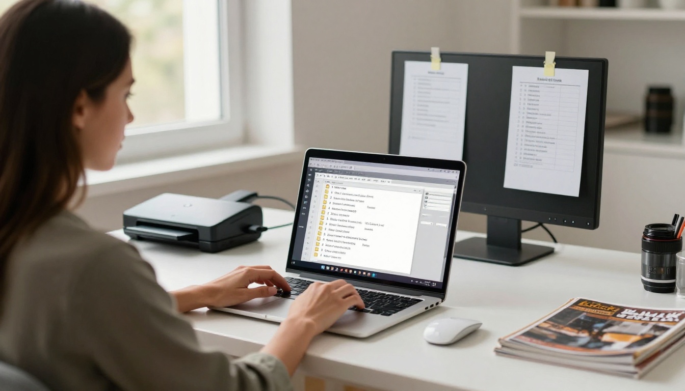 Woman organizing scanned TIFF files on her laptop with a flatbed scanner beside her