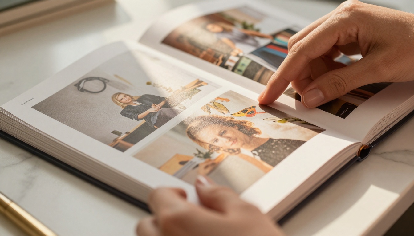 Hands carefully flipping through a printed portfolio book on a white marble desk