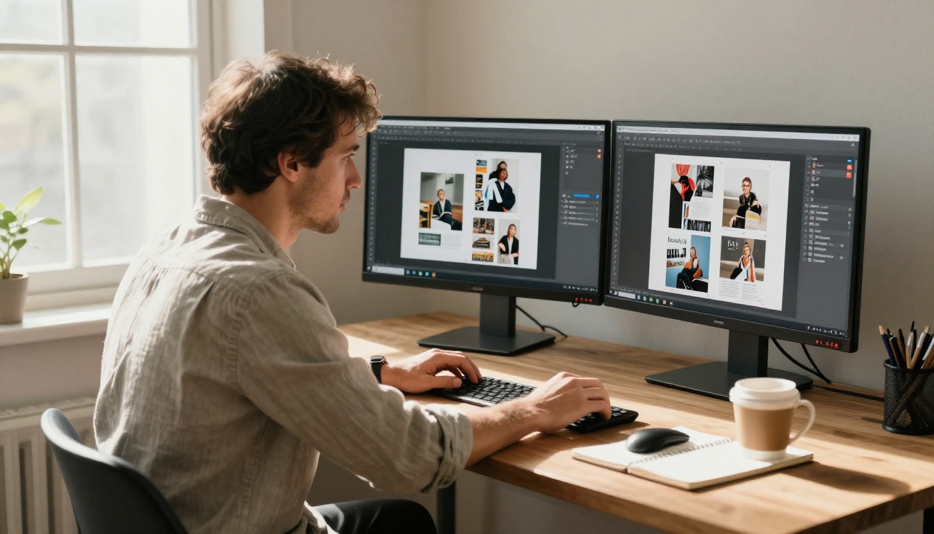 Man converting scanned magazine pages into a PDF using two monitors in a bright workspace