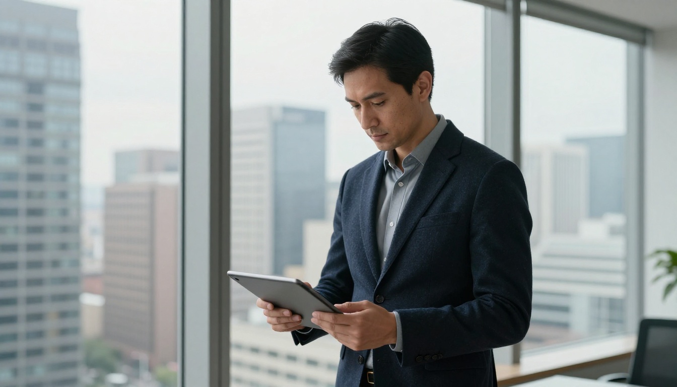 A professional man at a glass-walled office reviewing personal brand materials on a tablet
