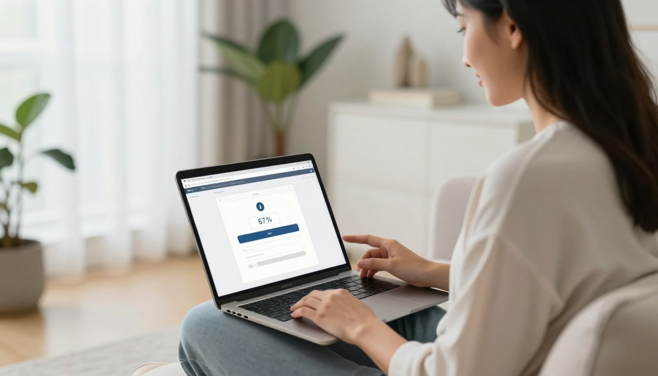 Woman uploading a PDF file to an online flipbook platform on her laptop from a modern couch