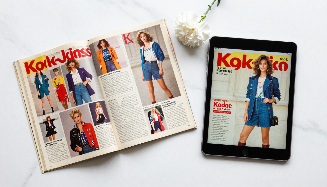 Overhead flat-lay of a physical vintage magazine beside an iPad displaying the same magazine as a digital flipbook