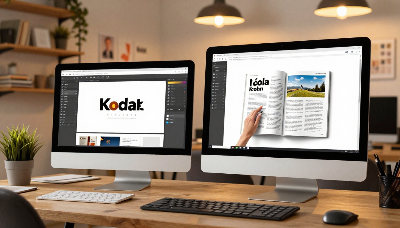 Creative professional customizing a digital flipbook on a large iMac in a warm creative studio