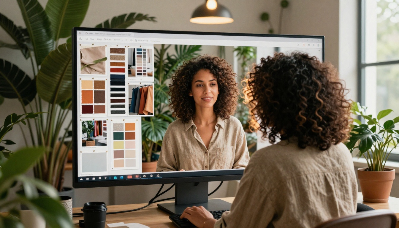 A creative professional woman with curly hair reviewing her portfolio on a large studio monitor