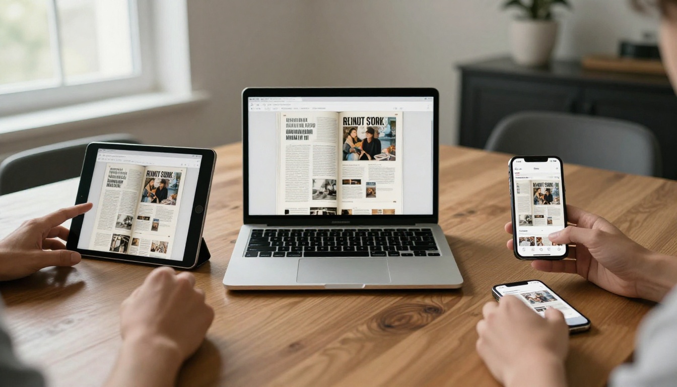 Wooden table with laptop, tablet, and smartphone all displaying the same digital magazine flipbook