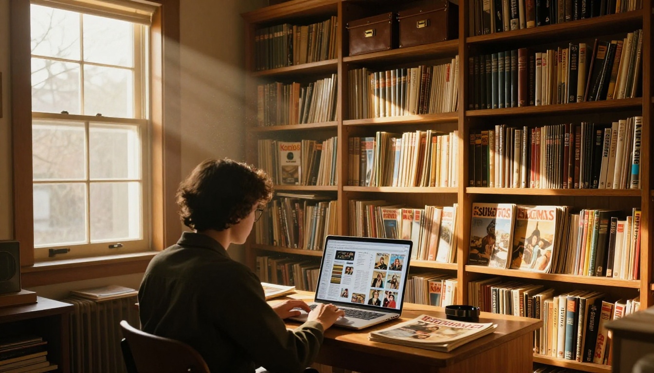 Sunlit home library archive with shelves of vintage magazines and laptop displaying digital catalog