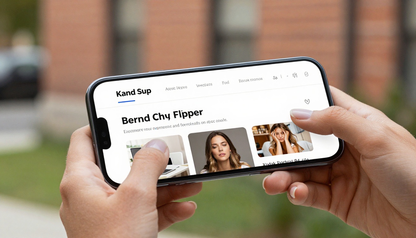 A smartphone displaying a personal brand flipbook page, held in a woman's hand outdoors
