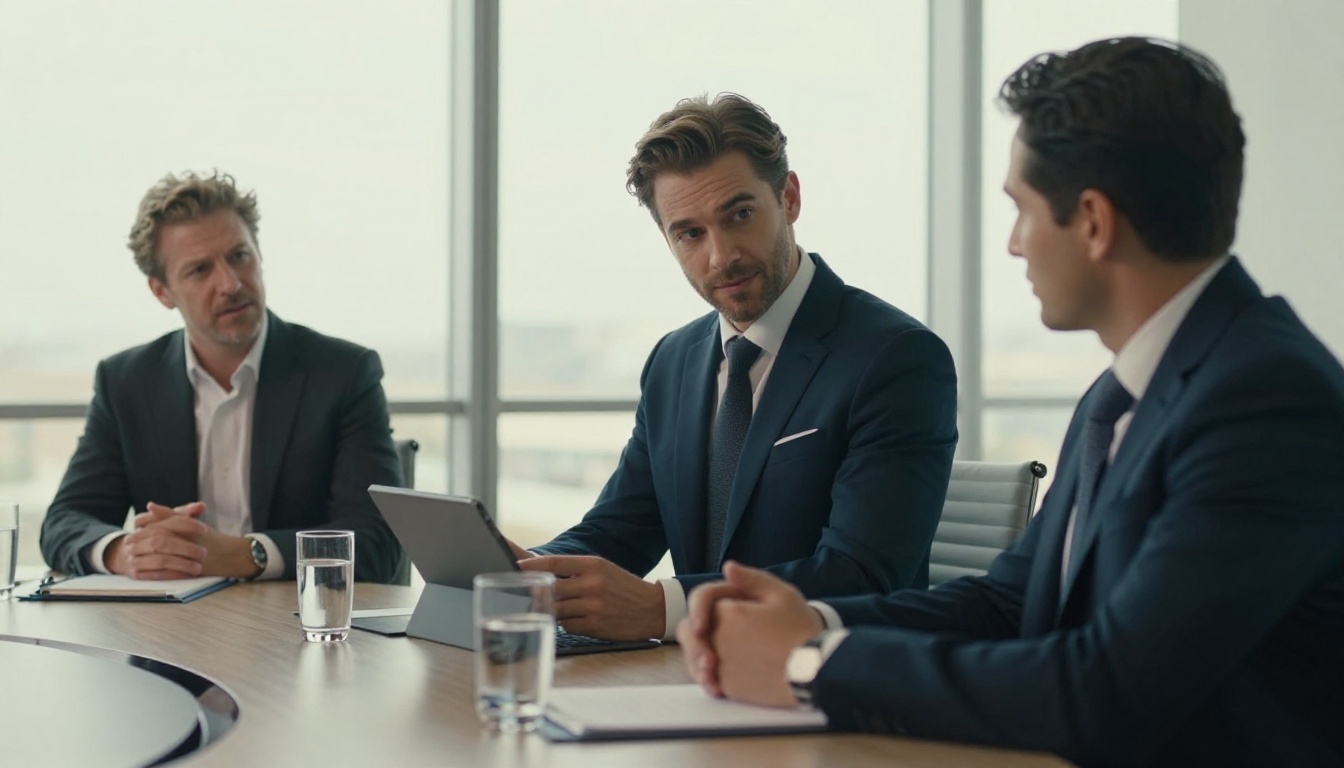 A man presenting his personal brand portfolio on a tablet during a business meeting