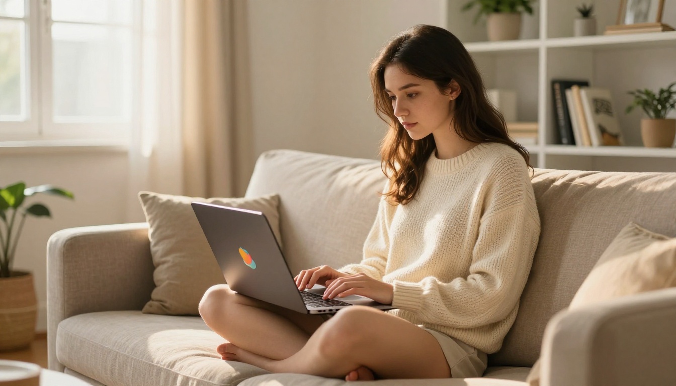 A woman working on her personal brand presentation on a laptop at home in golden hour light