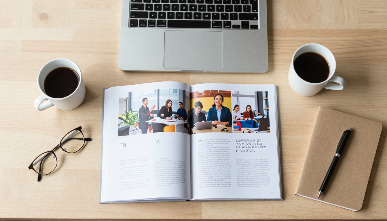 Aerial flat lay of a creative portfolio, MacBook, coffee, and notebook on a wooden desk