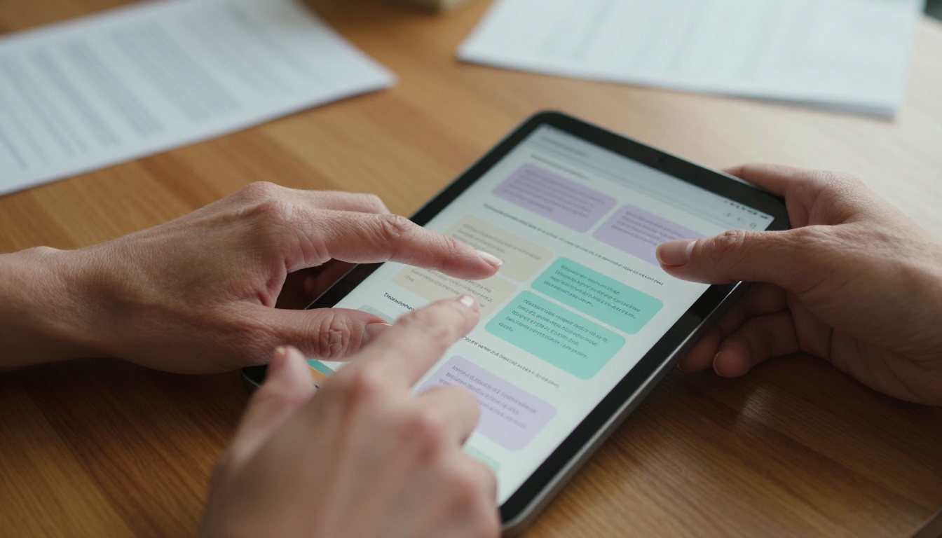 Therapist reviewing digital therapy flipbook on tablet in sunlit office