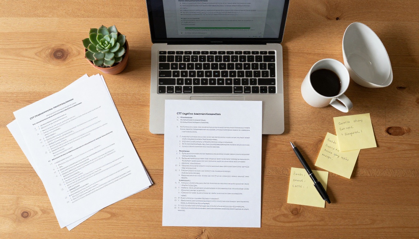 Overhead view of therapist's desk with worksheets, laptop, and coffee