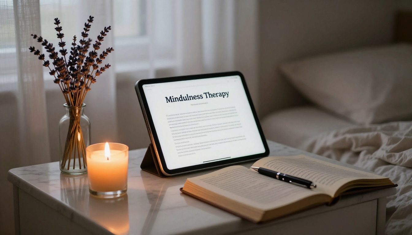 Mindfulness therapy resource displayed on tablet with candle and journal