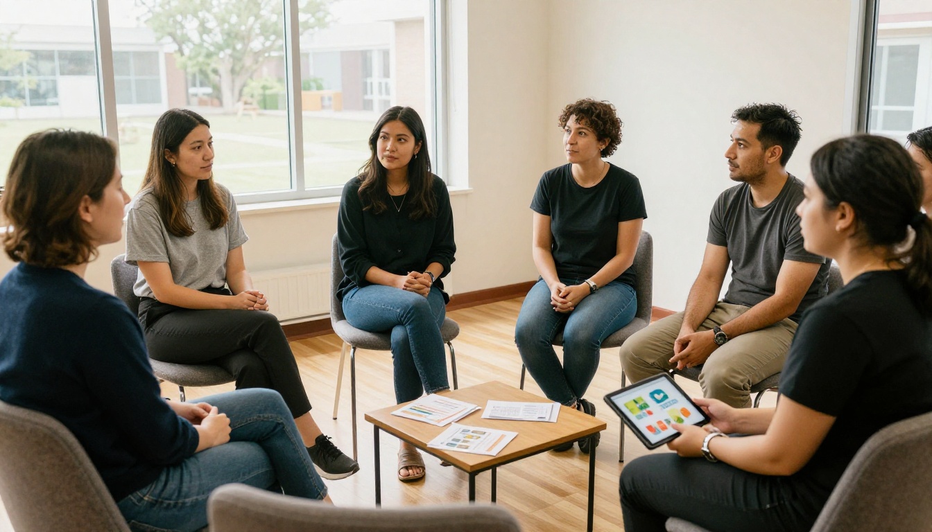 Group therapy participants reviewing shared digital resources together