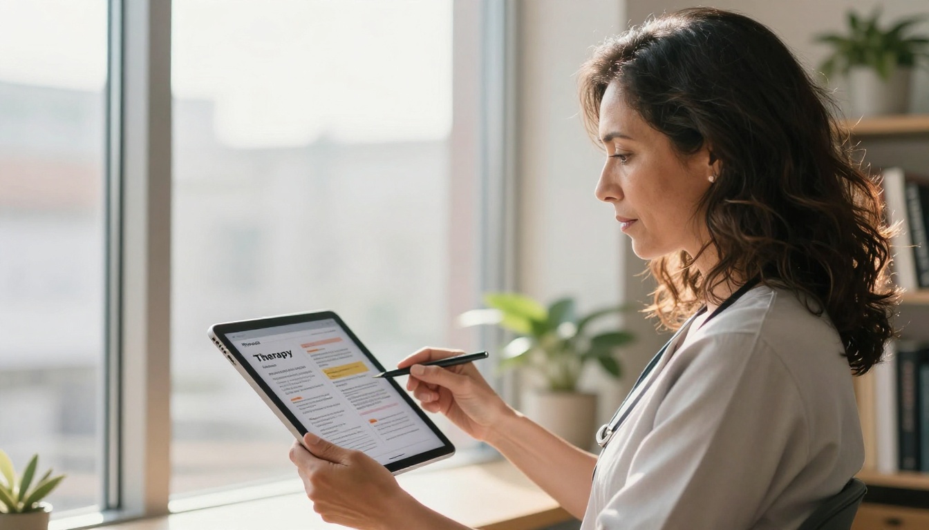 Therapist comparing printed brochure with digital flipbook in office window light