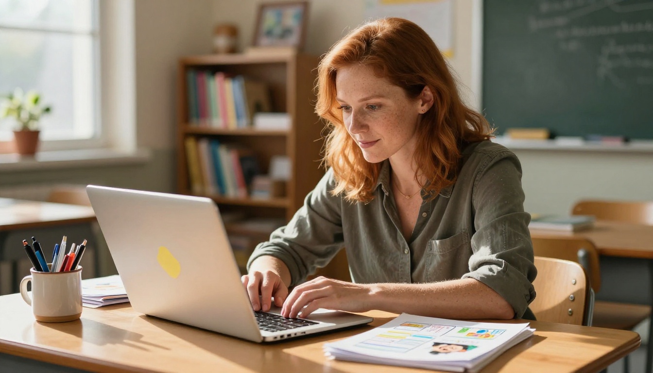 Teacher designing school newsletter on laptop at classroom desk
