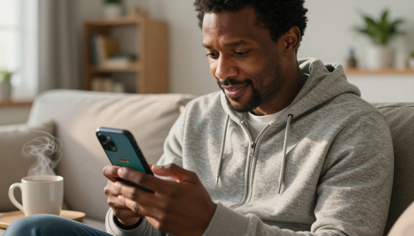 Parent reading school newsletter on smartphone at home on couch