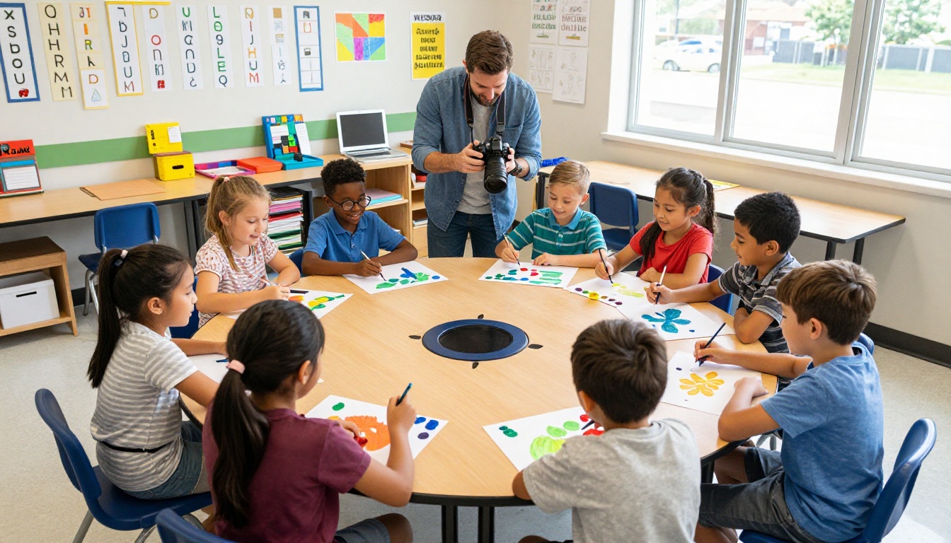 Students doing collaborative art project in bright classroom