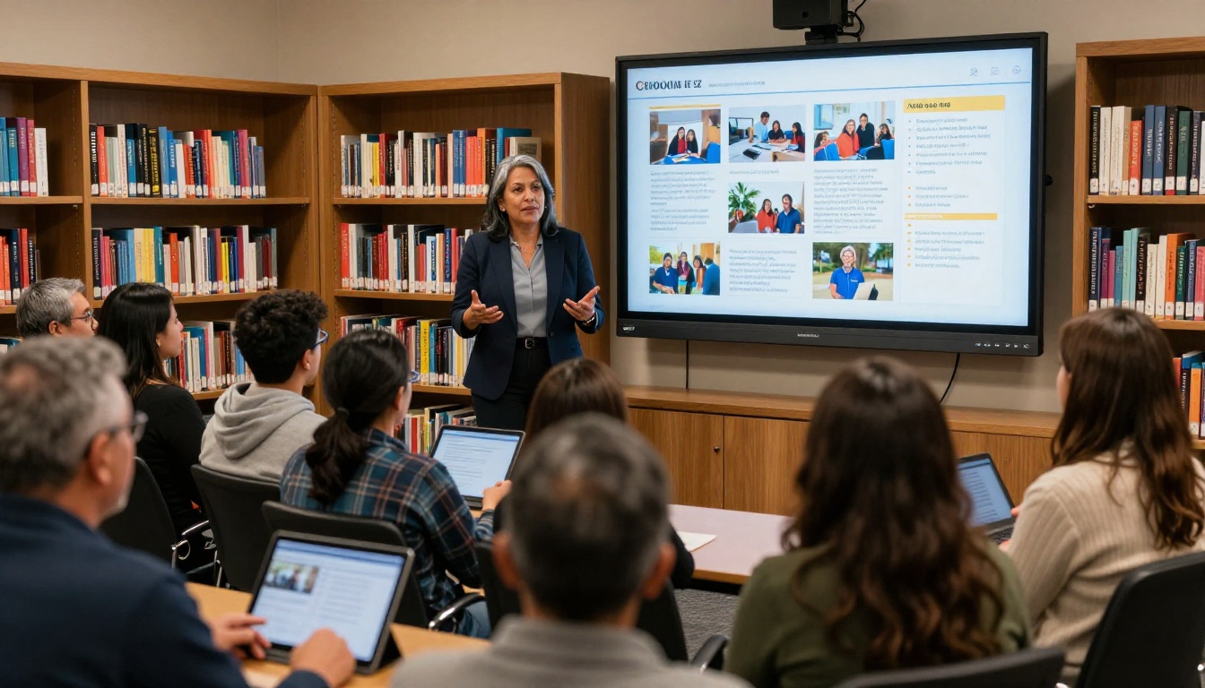 School principal presenting interactive newsletter to parents in library