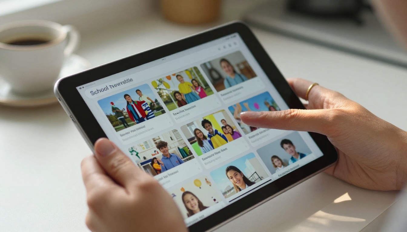 Hands holding tablet showing colorful interactive school newsletter flipbook
