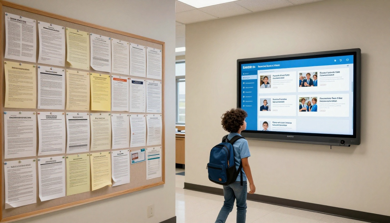 Old cluttered bulletin board next to modern digital newsletter display in school hallway