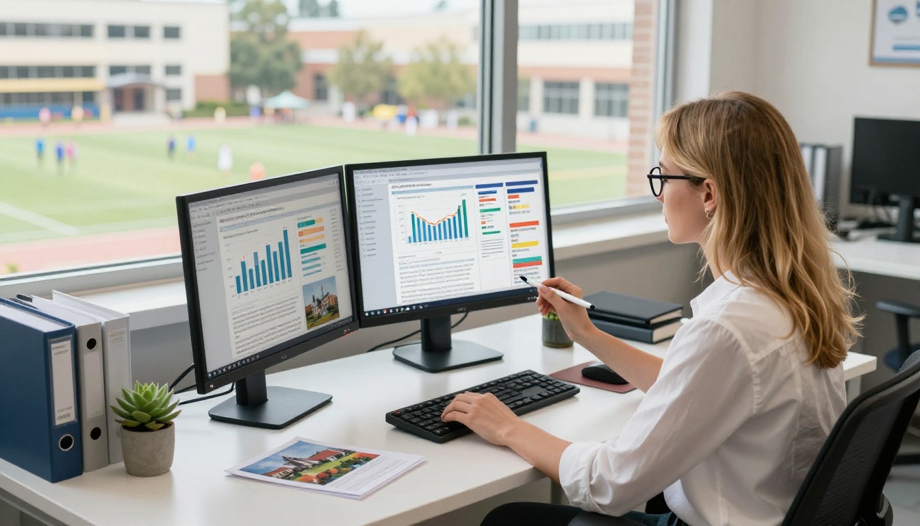 School communications coordinator reviewing analytics on dual monitors