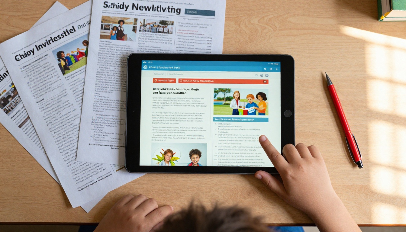 Aerial flat lay of tablet with interactive school newsletter beside printed paper newsletters on school desk