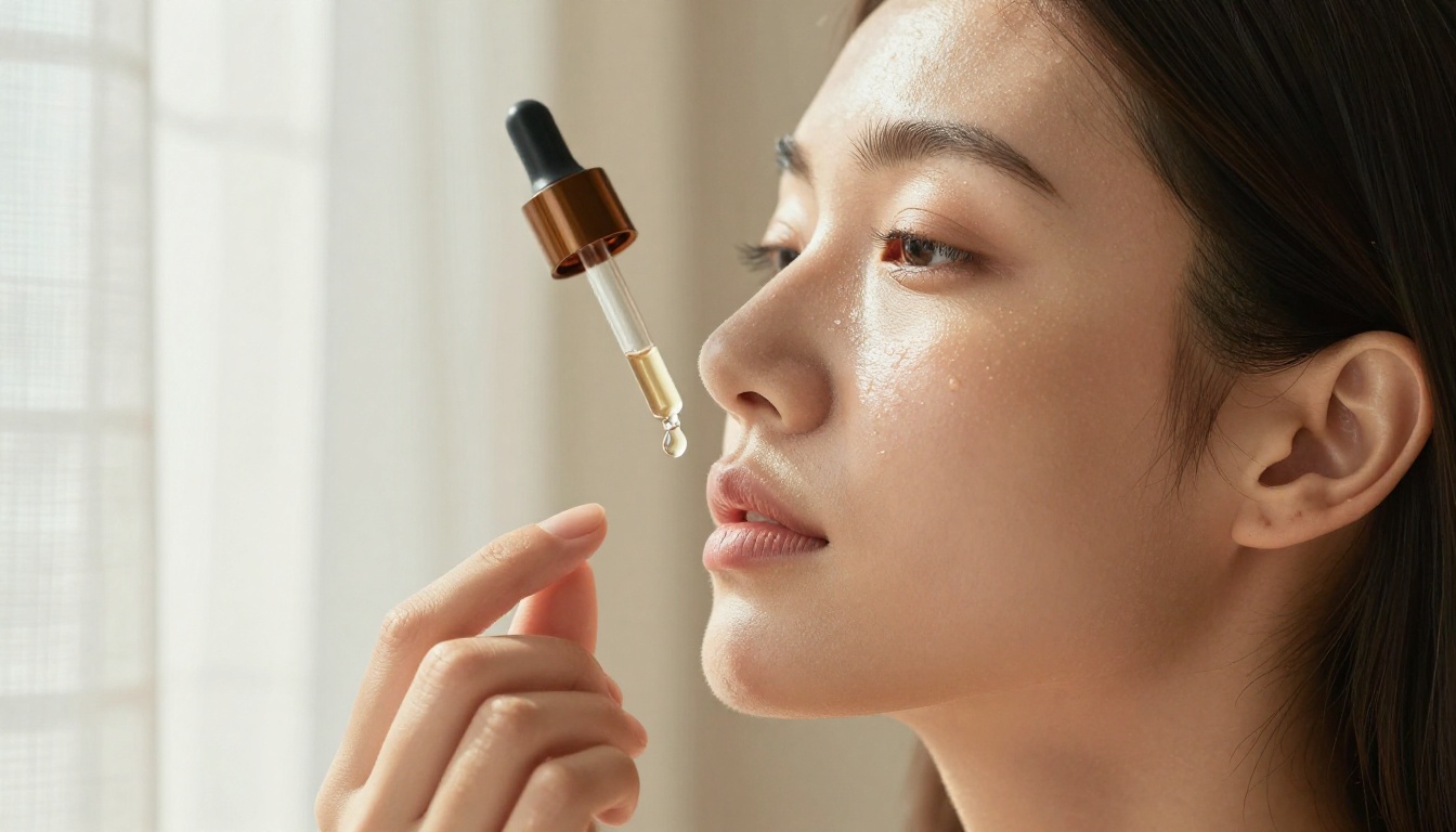 Young woman with luminous dewy skin applying clear facial serum from amber glass dropper beside sunny linen curtains