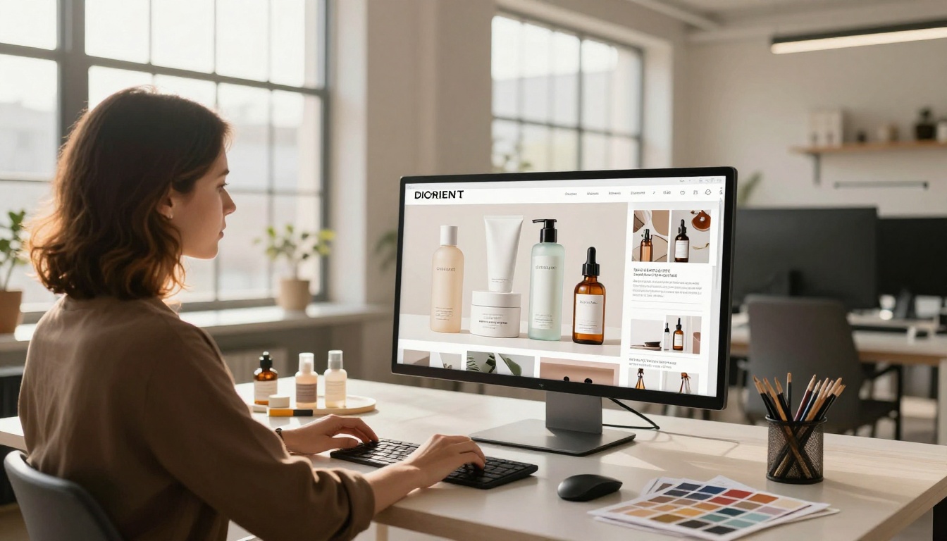 Skincare brand creative director reviewing digital lookbook on large monitor in studio loft