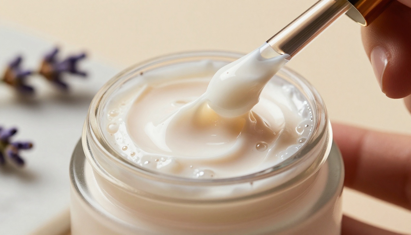 Extreme macro close-up of luxurious skincare cream being scooped from frosted glass jar showing rich silky texture
