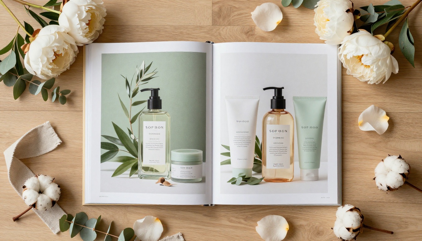 Aerial overhead view of skincare lookbook spread open on oak floor surrounded by botanicals and rose petals