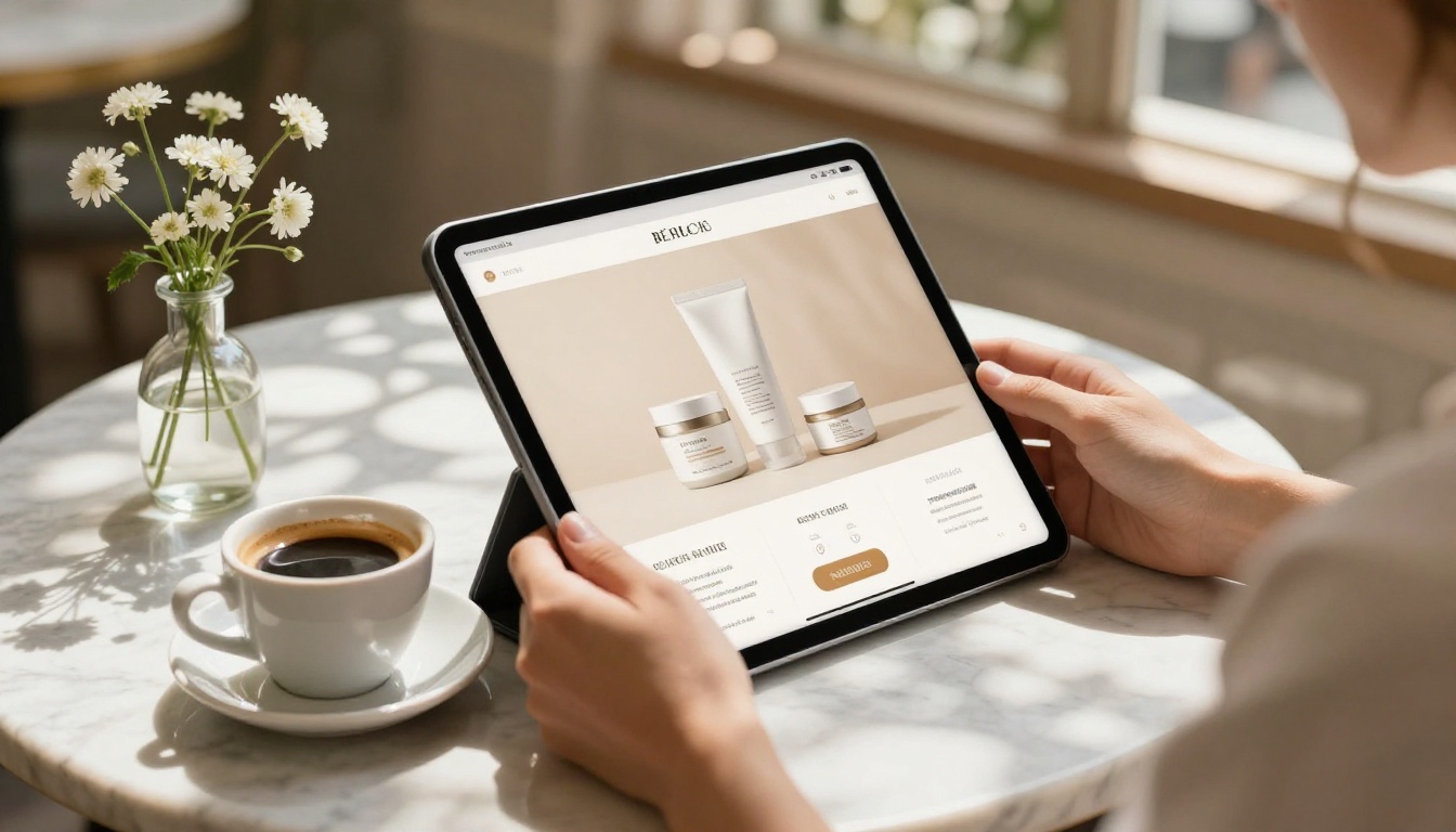 Woman's hands holding tablet with skincare digital catalog open at marble cafe table with espresso and flowers