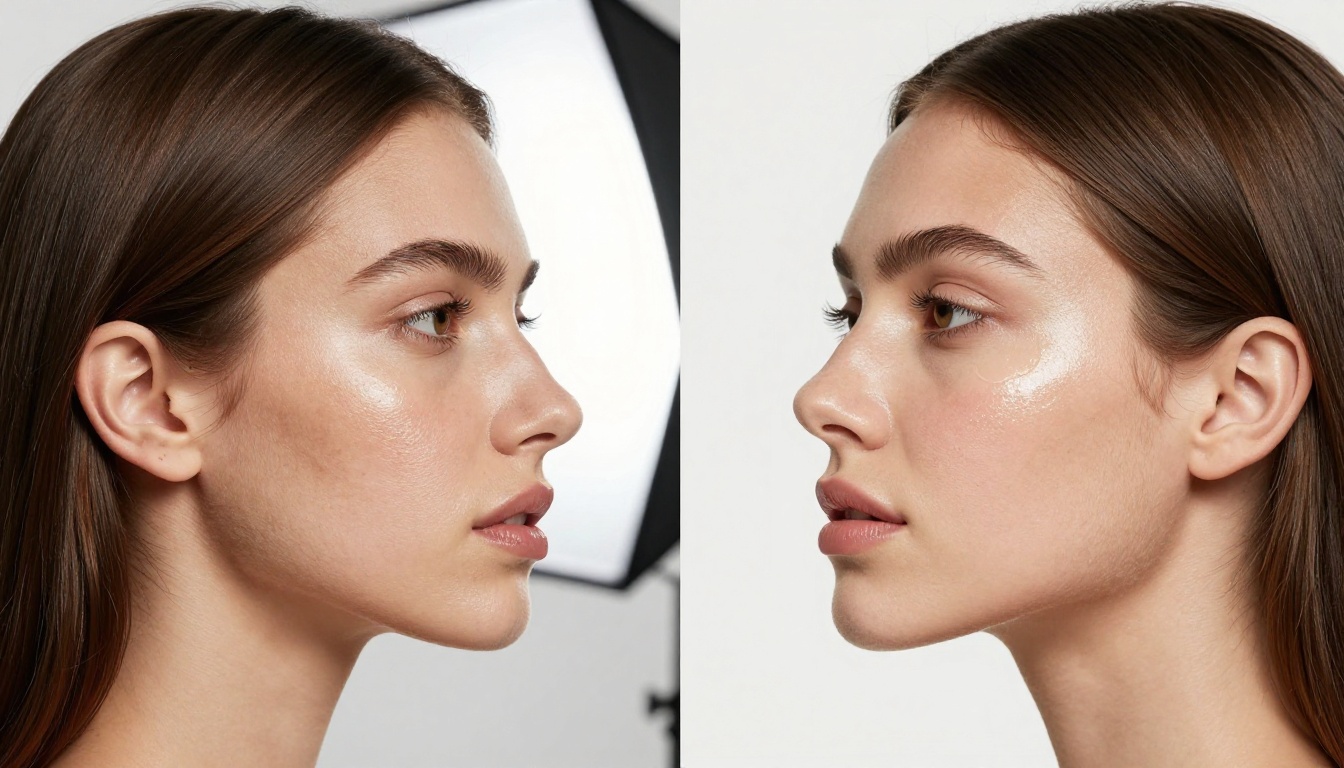 Split beauty editorial showing skin texture transformation from dull to glowing, natural studio lighting